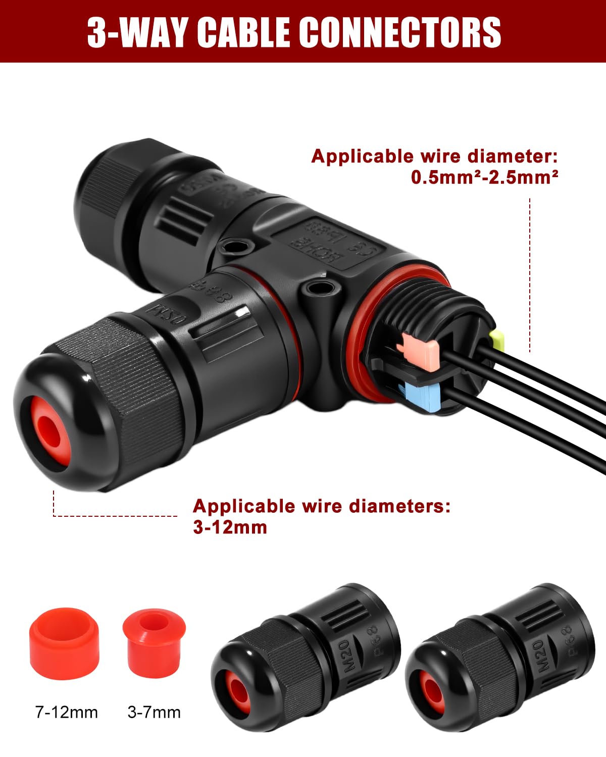 4 Pièces Raccord Electrique Etanche IP68 Connecteur Câble à 3 Broches, Boîte de Jonction 3 Voies Étanche