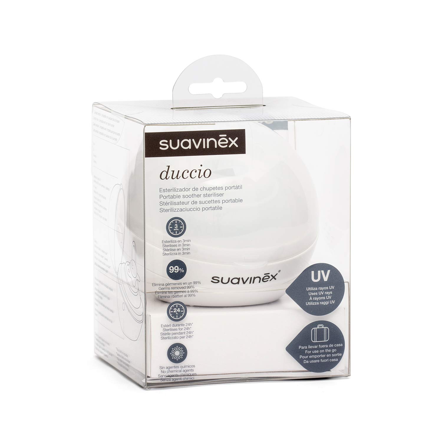 Suavinex, Stérilisateur de Sucettes Nomade à rayons ultraviolets (UV). Stérilise en 3 minutes. Fonctionne avec cáble USB ou avec piles. Élimine 99% des germes. Perle
