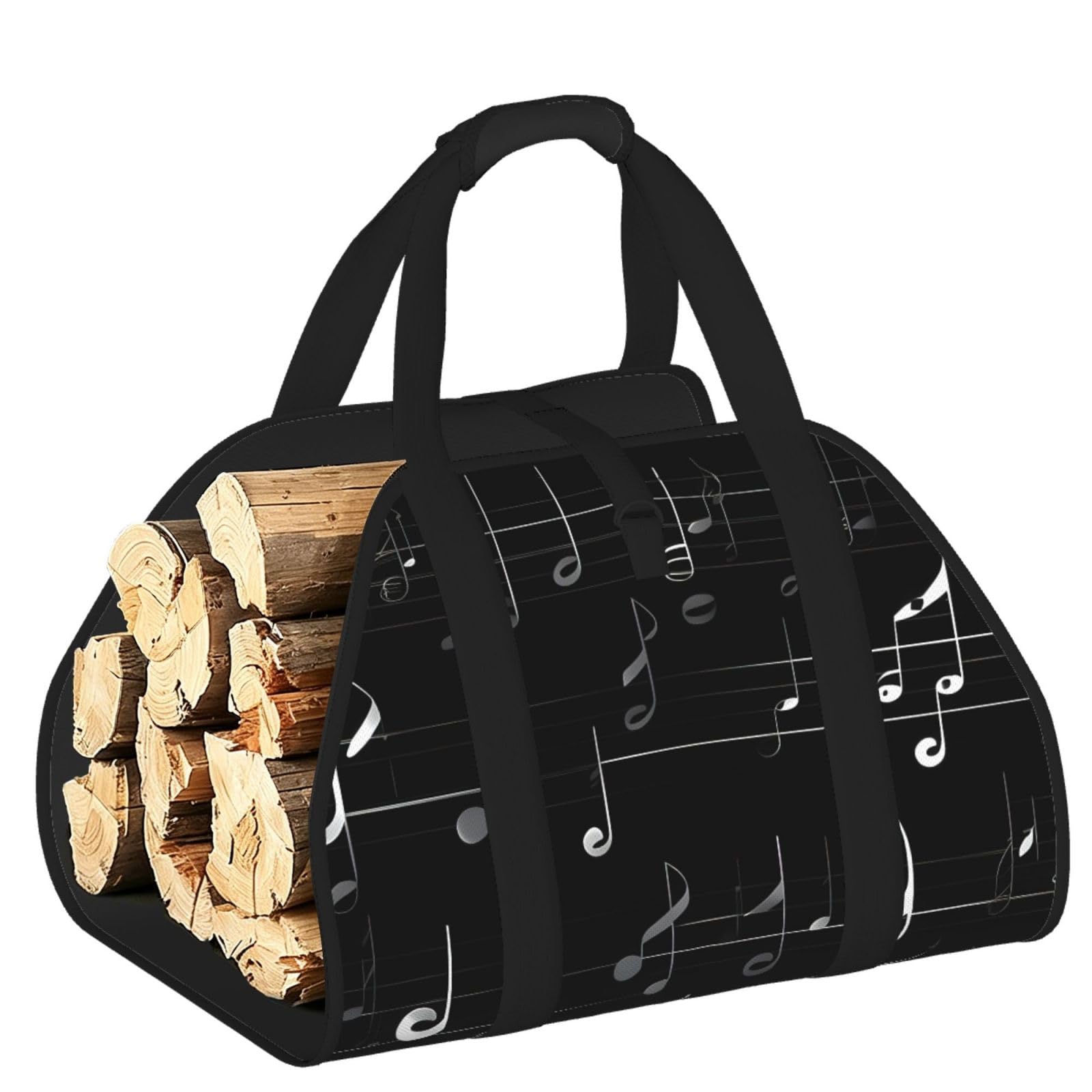 Ayyqwe Black Music Notes Print Firewood Bag Wood Waterproof Versatile Camping Picnic Storage Daily Home