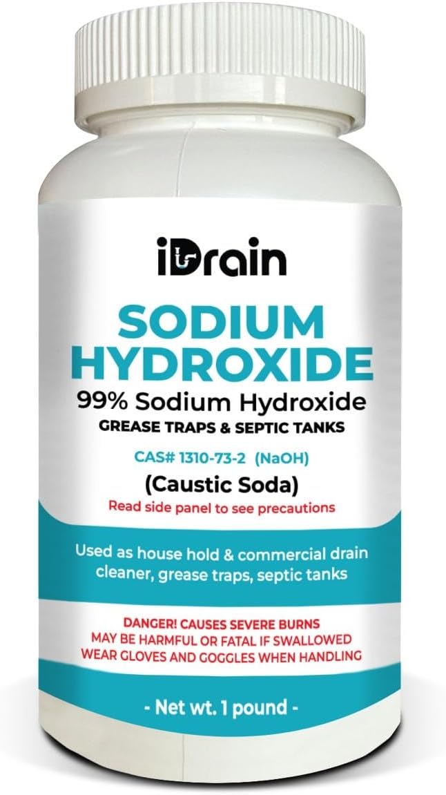 Sodium Hydroxide (NaOH) Lye 99% Pure Caustic Soda Flakes - Industrial Strength Drain Opener for Kitchen & Bathroom Sinks & Pipes - Soap Making, Cleaning & Manufacturing - 1 lb