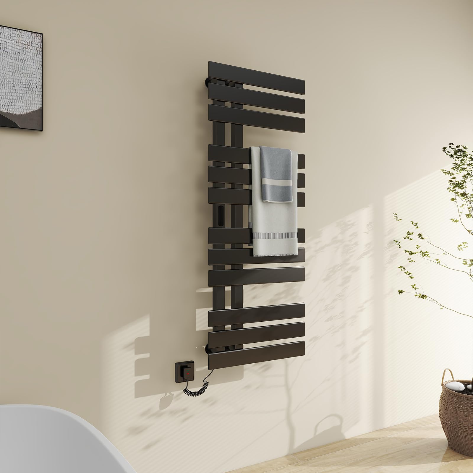 TINS Seche Serviette Electrique Seche Serviette Noir WiFi 500×1300mm 450W Porte-Serviettes électrique pour Alexa et Google Home et APP Radiateur Salle de Bain Économie d'énergie -WiFi Black Right