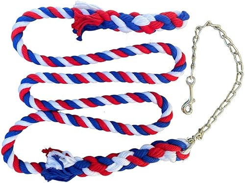 Ravenox Correa de caballo de cuerda de algodón con cadena  (rojo, blanco y azul) (1 pulgada x 10 pies), hecho a mano, cuerda de algodón trenzada,