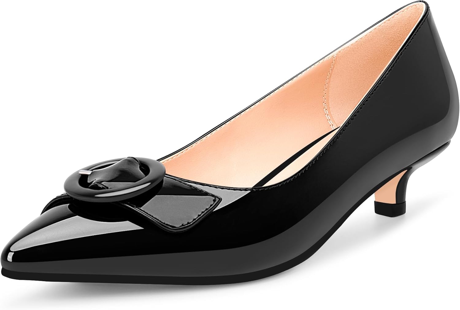 Women's Low Kitten Heel Pumps Pointed Closed Toe Buckle Slip On Office Comfort Shoes