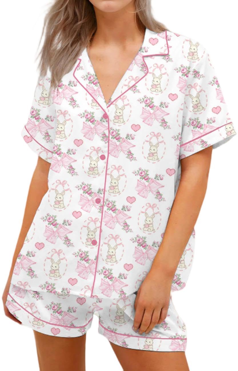 YiulangdeCute Bunny Bow Pajamas for Women Easter Eggs 2 Piece Preppy Pjs Shorts Matching Rabbit Print Silk Pj Shirts Set Y2k