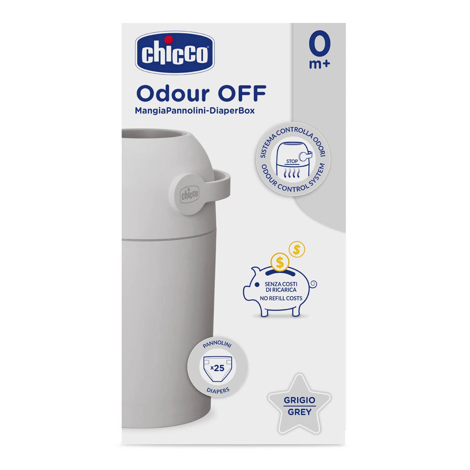 Chicco Mangiapannolini Controlla Odori, Smaltimento Pannolini, Cestino Contenitore Compatto e Salvaspazio, Nessun costo per le Ricariche, Non servono ricariche, si usano i normali Sacchetti, Grigio