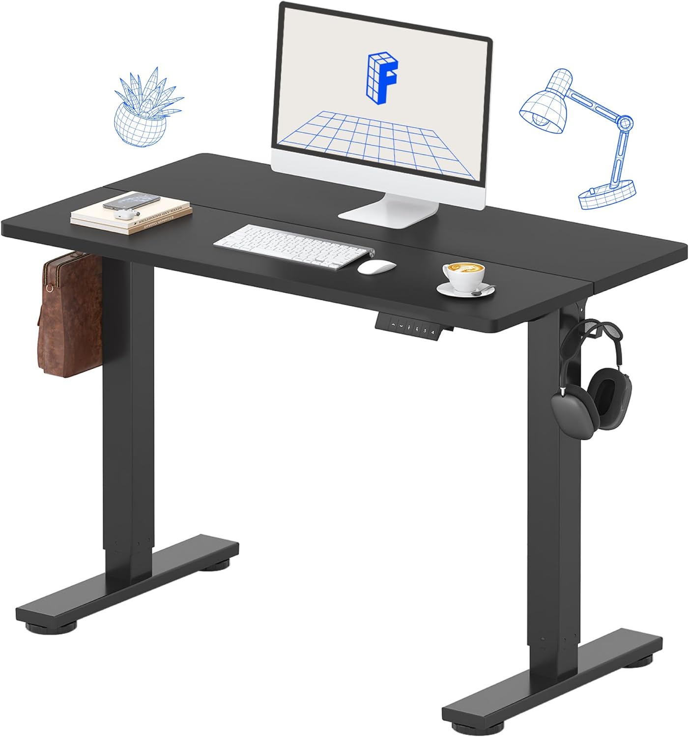 A FlexiSpot E1 Pro Standing Desk in a modern home office setup with a laptop and plant.