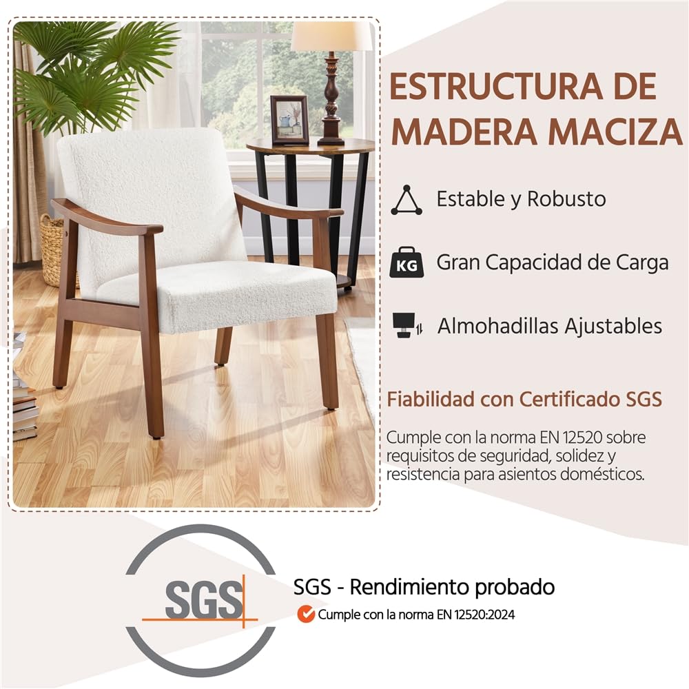 Yaheetech Butaca de Salón Tapizado en Bouclé Sillón Individual con Respaldo Acolchado y Reposabrazos de Madera Maciza Sofá Individual Ergonómico Soporte 136 kg Blanco