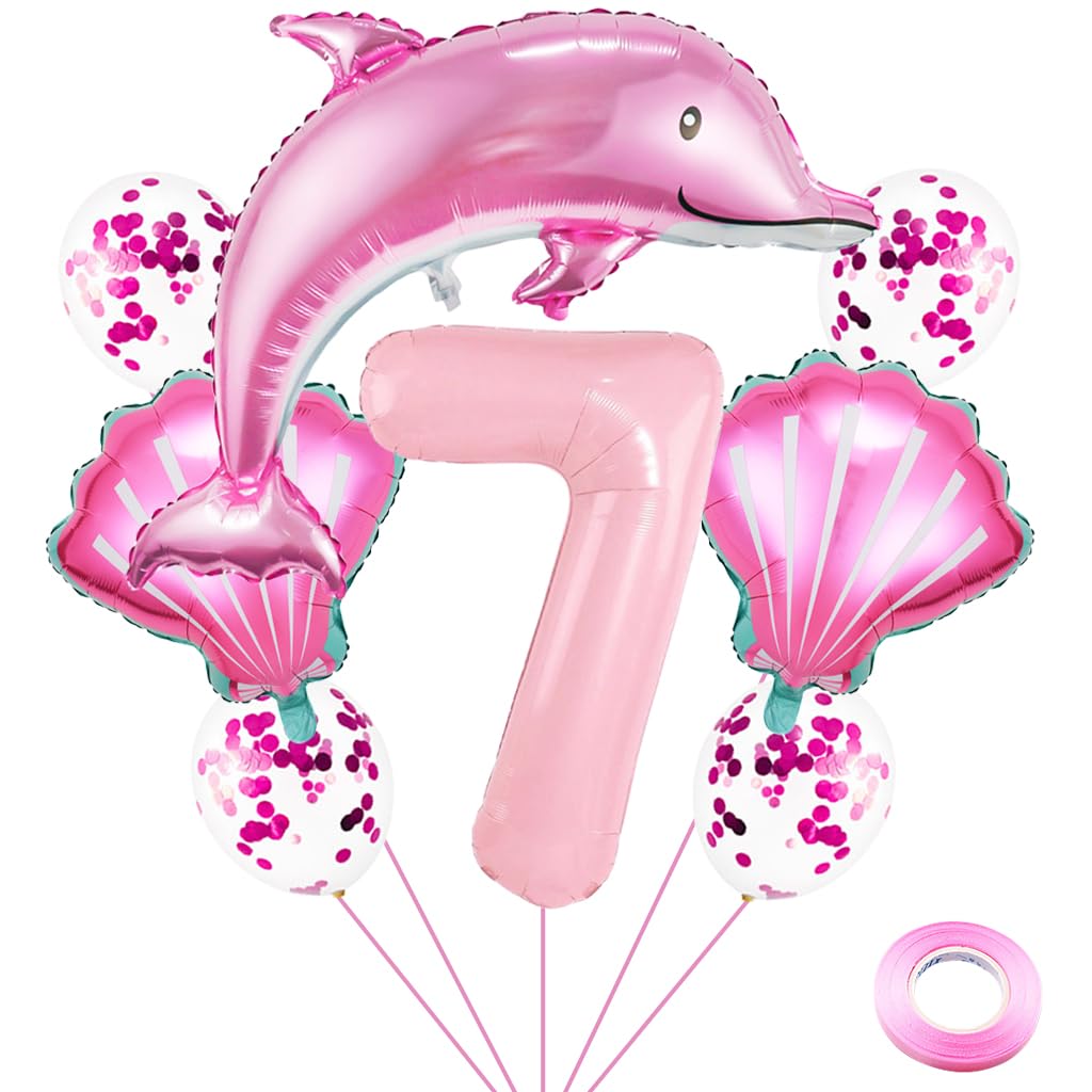 ZWWsullo Rosa oceano animali festa di compleanno decorazione animali marini decorazione compleanno delfino palloncino decorativo 7 anni set grande palloncino a delfino, palloncino rosa dolce