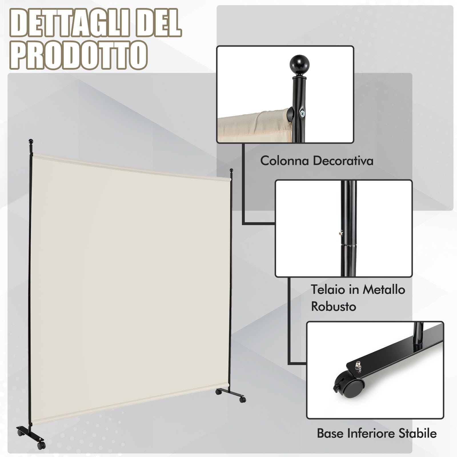 COSTWAY Separé Divisorio Singolo 184 x 184 CM, Paravento da Interno ed Esterno con Ruote Bloccabili, Pannello Divisorio per Ambienti Interni Portatile da Soggiorno Camera da Letto e Ufficio (Bianco)