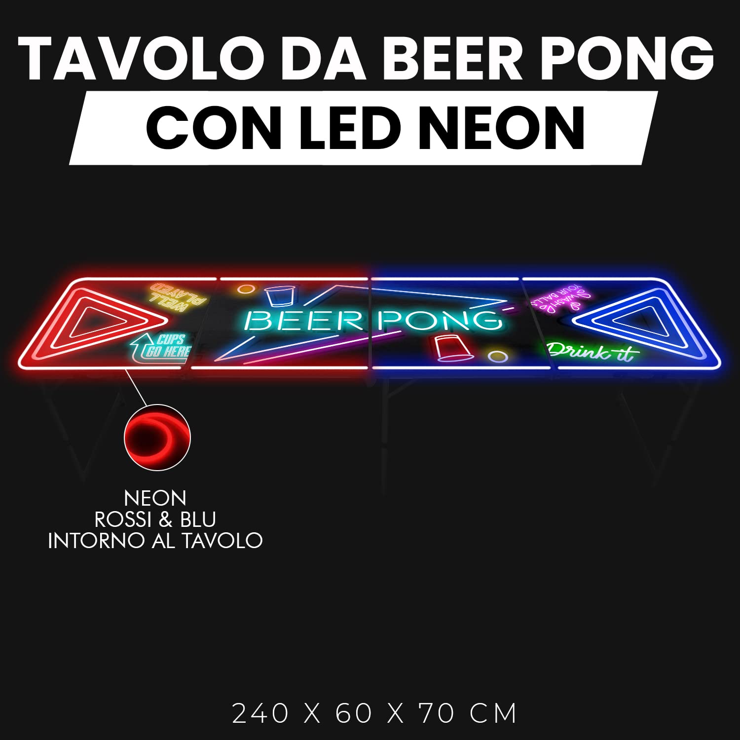 Tavolo da Beer Pong® Ufficiale con Luce a LED | Spotlight | Birra Pong | Taglie Ufficiali della Competizione | Gioco Serale e aperitivo | Gioco da Bere | OriginalCup®