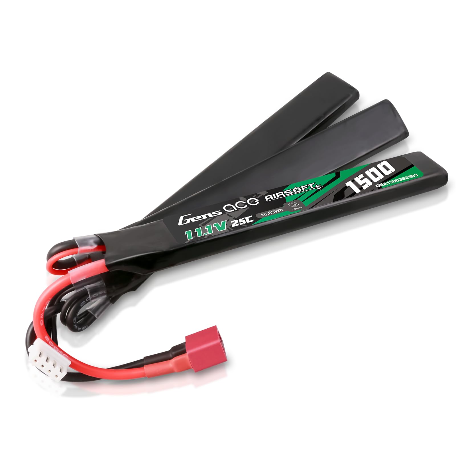 Gens Ace Batería LiPo 11,1 V 1500 mAh 25C 3S1P Batería Triple Dividida con Conector Deans (T-Deans), Compatible con Réplicas de Airsoft AEG