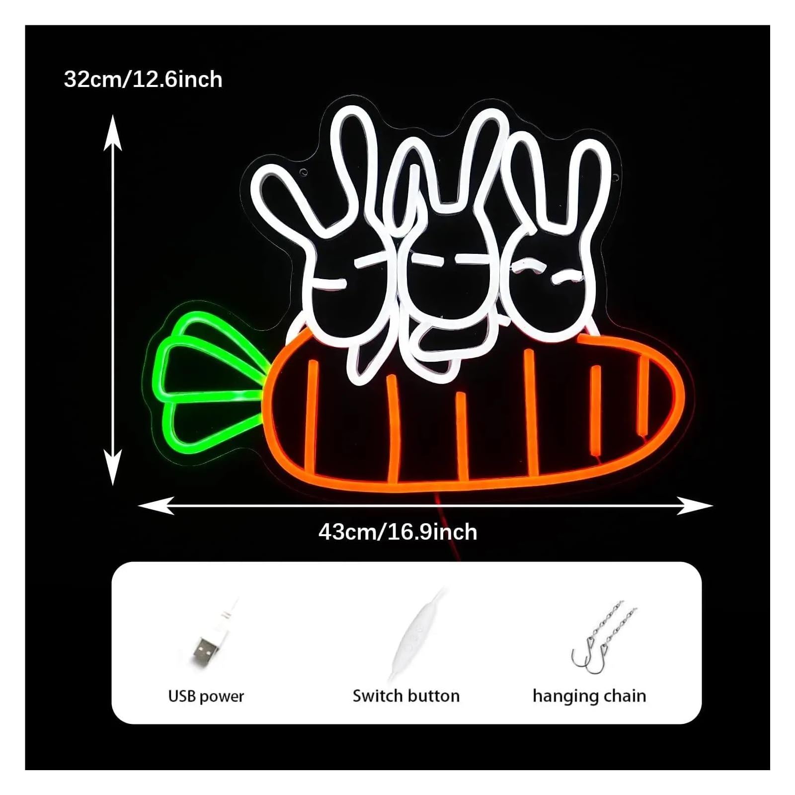 Insegna al Neon Insegne Neon A Forma Coniglio Alimentate Tramite USB, Luminosità Regolabile Luci Neon A Forma Carota Adatte Per Decorazioni Parete Per Bistrot 32cmx43cm