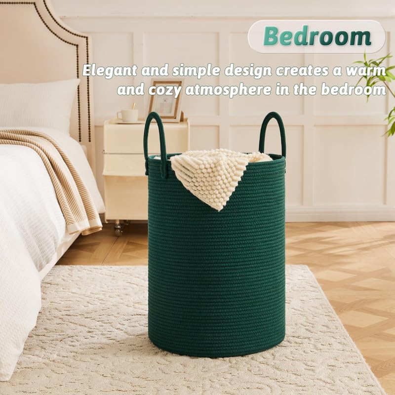 Image of Storage Rope Laundry Hamper Basket for Clothes, Towels and Blankets in Livingroom, Bedroom, Laundry Room and Basket for Nursery Storage (Size - 14 inch x 14 inch x 18 inch) (Green)