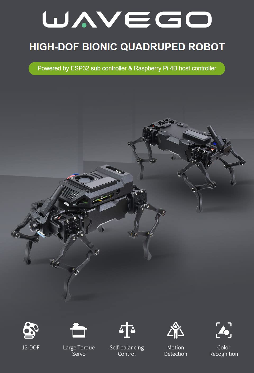 Waveshare WAVEGO 12-DOF Bionic Dog-Like Robot Open Source for ESP32 and PI4B Facial Recognition Color Tracking Motion Detection Basic Kit (Fully Assembled)