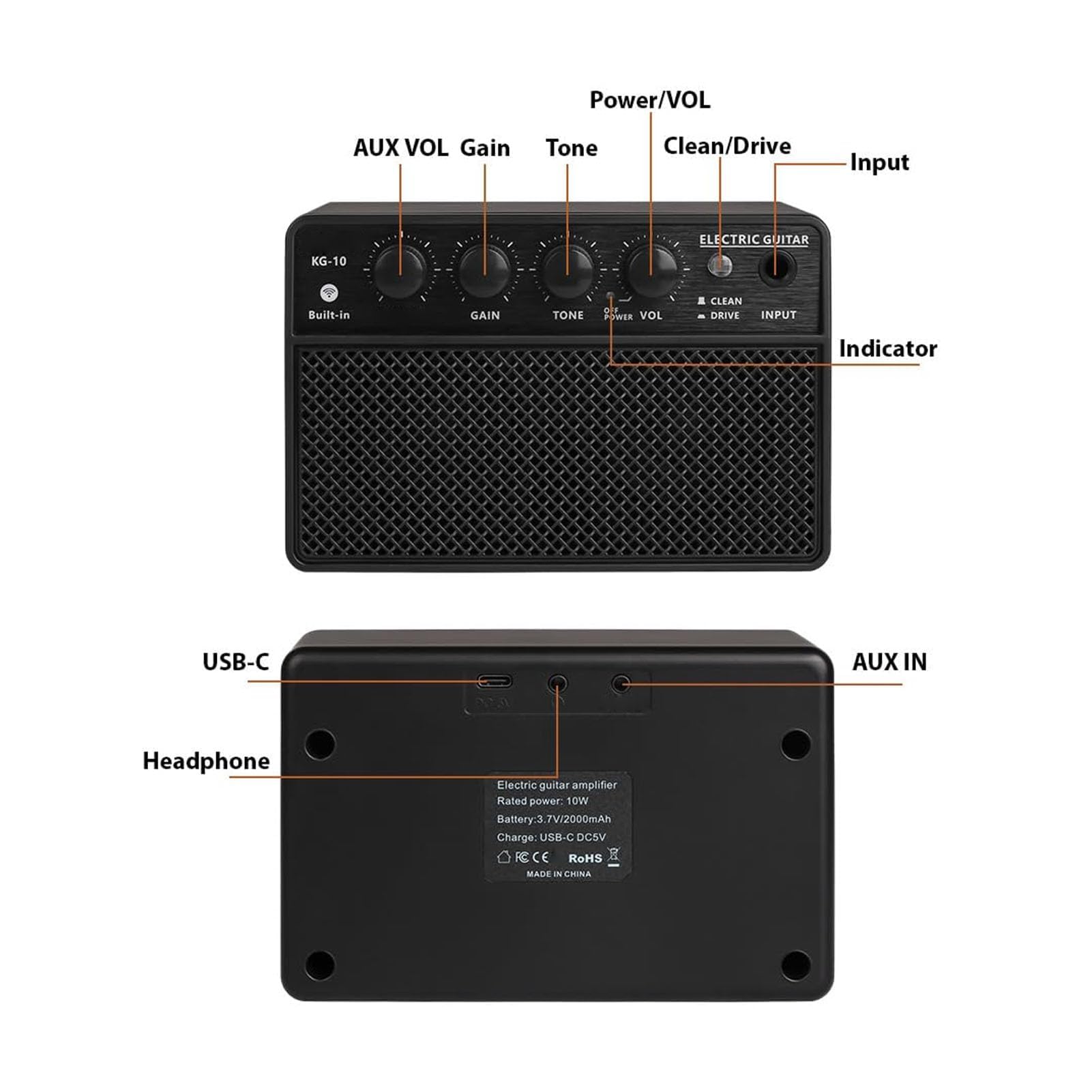 Ejoyous Mini Amplificatore per Chitarra, Amplificatore per Chitarra Elettrica Portatile Ricaricabile con di Comando Puliti da 10 W