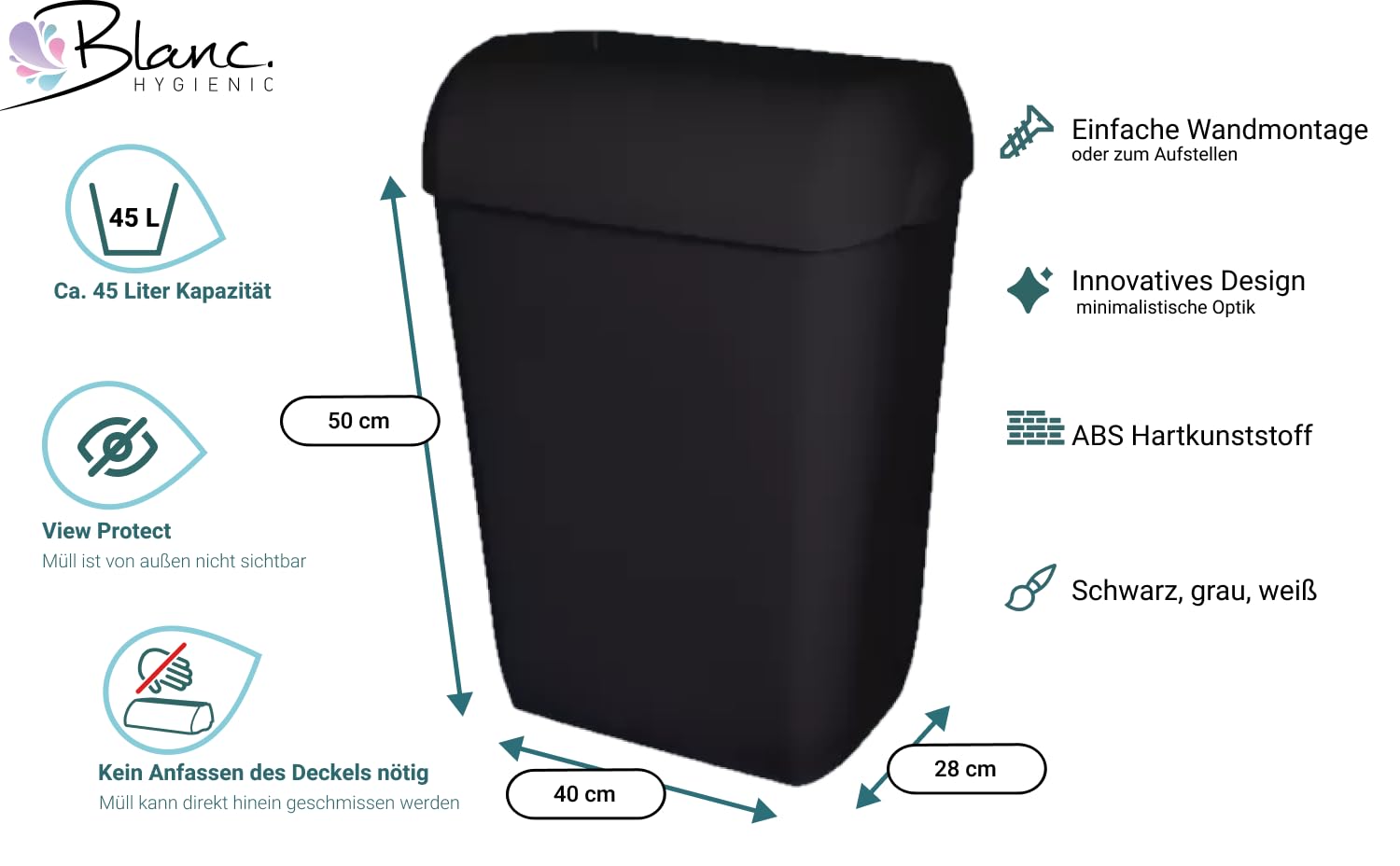 Premium BIN Abfallbehälter 45 Liter Schwarz | ABS-Kunststoff, Einwurfwölbung, Deckel & Wandhalterung inkl., für Sanitärraum, Büro, Küche & WC