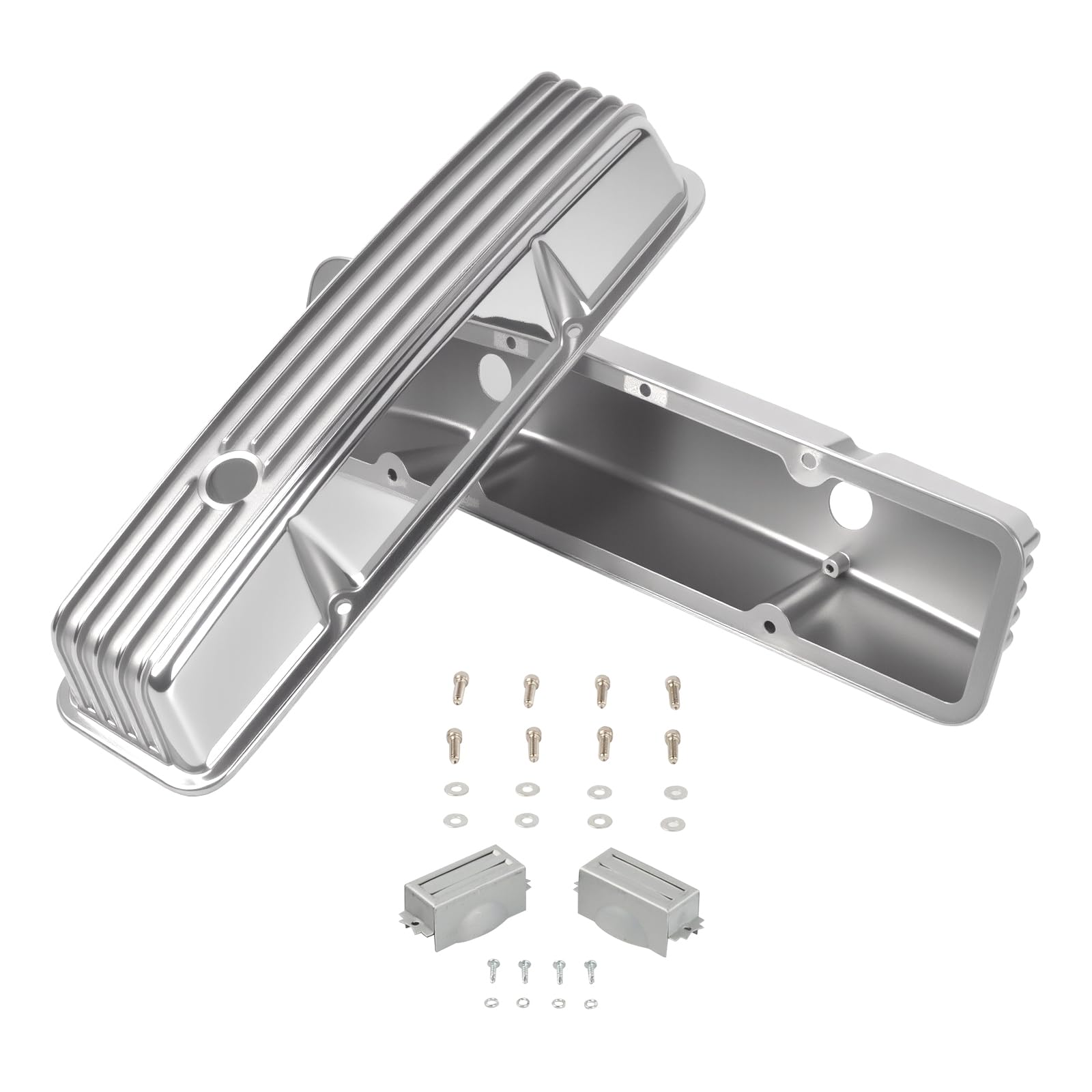 Aluminum Valve Covers Finned Compatible with Small Block Chevy 58-86 Tall 327 350 400 - Polished Silver
