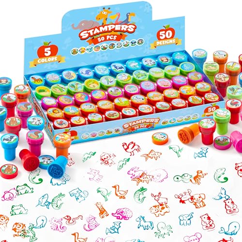 JOYIN 50 Pcs Animal Stamps for Kids, with 50 Different Designs, Farm,Sea Animals,Stamps for Crafting, Prize Box Toys for Classroom, Kids Party Favor,...