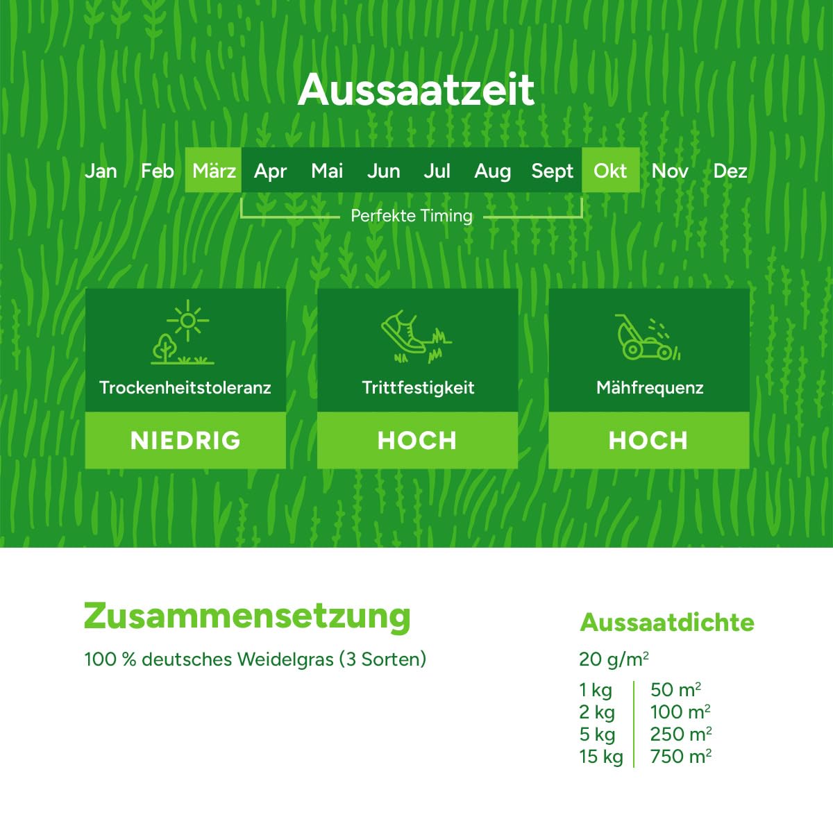 Turbo Green Rasensamen | 15 kg - 750m2 | Nachsaat | Schnellkeimende Grassamen | Premium Qualität Sport- und Spielrasen | Rasen nähen und nachsäen | Repariert kahle Stellen im Rasen | MRS Seeds