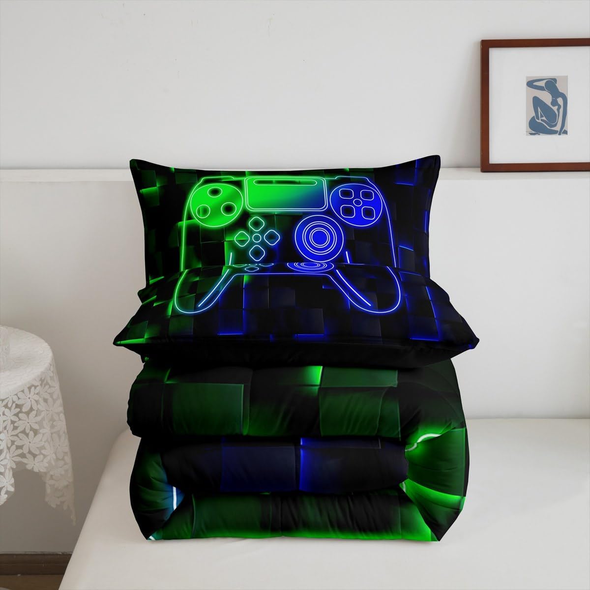Erosebridal Gaming Toddler Bedding Set for Boys,Green Blue Gamer Comforter Set for Boys Girls Kids,Video Game Quilt Bed Set,3D Geometric Duvet Insert Gaming Room Decor,1 Pillowcase Breathable