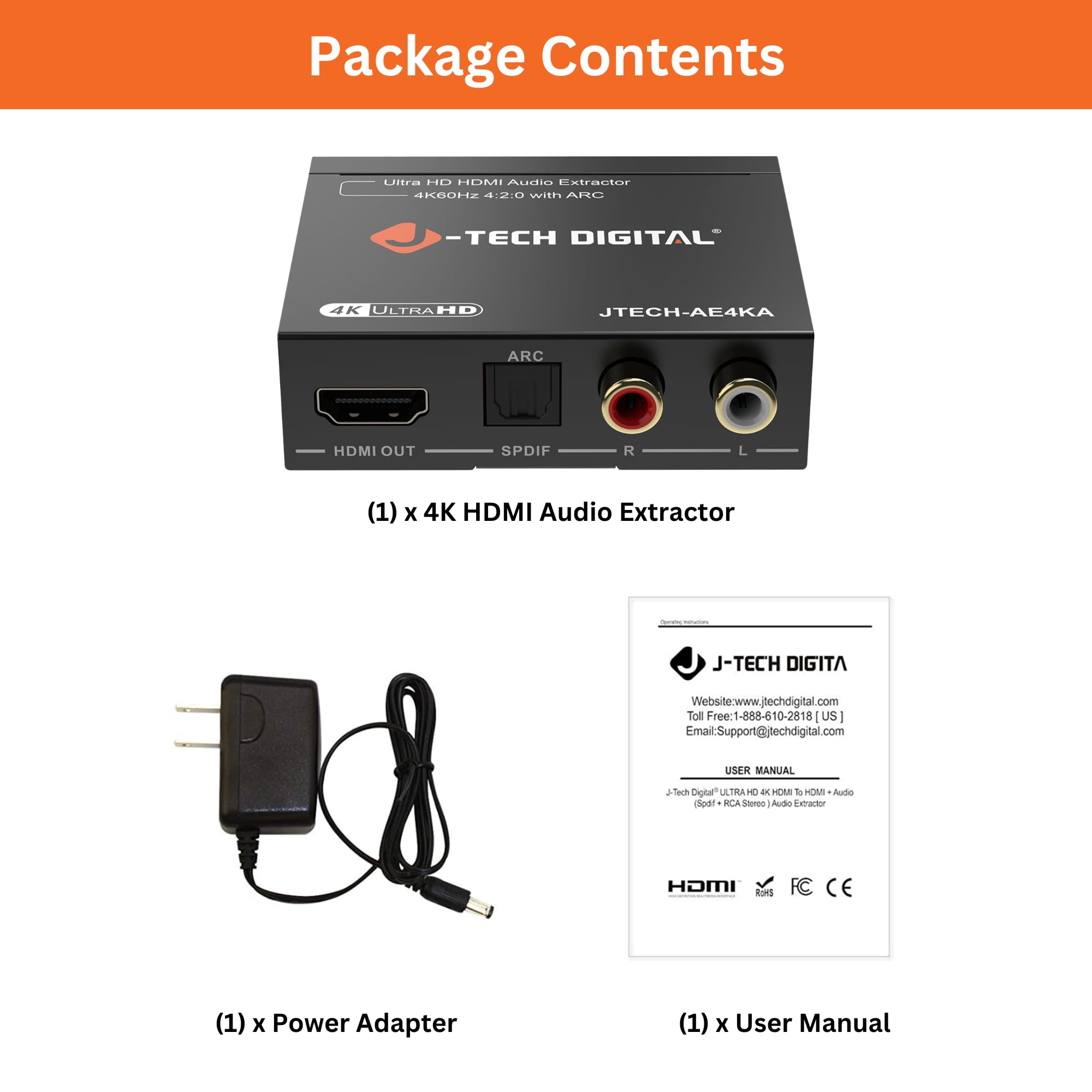 J-Tech Digital Estrattore audio HDMI 4K a 60Hz con ARC, convertitore da HDMI a RCA e ottico, supporto Dolby Digital/DTS Stereo per TV, console di gioco, Blu-ray, laptop [JTECH-AE4KA]
