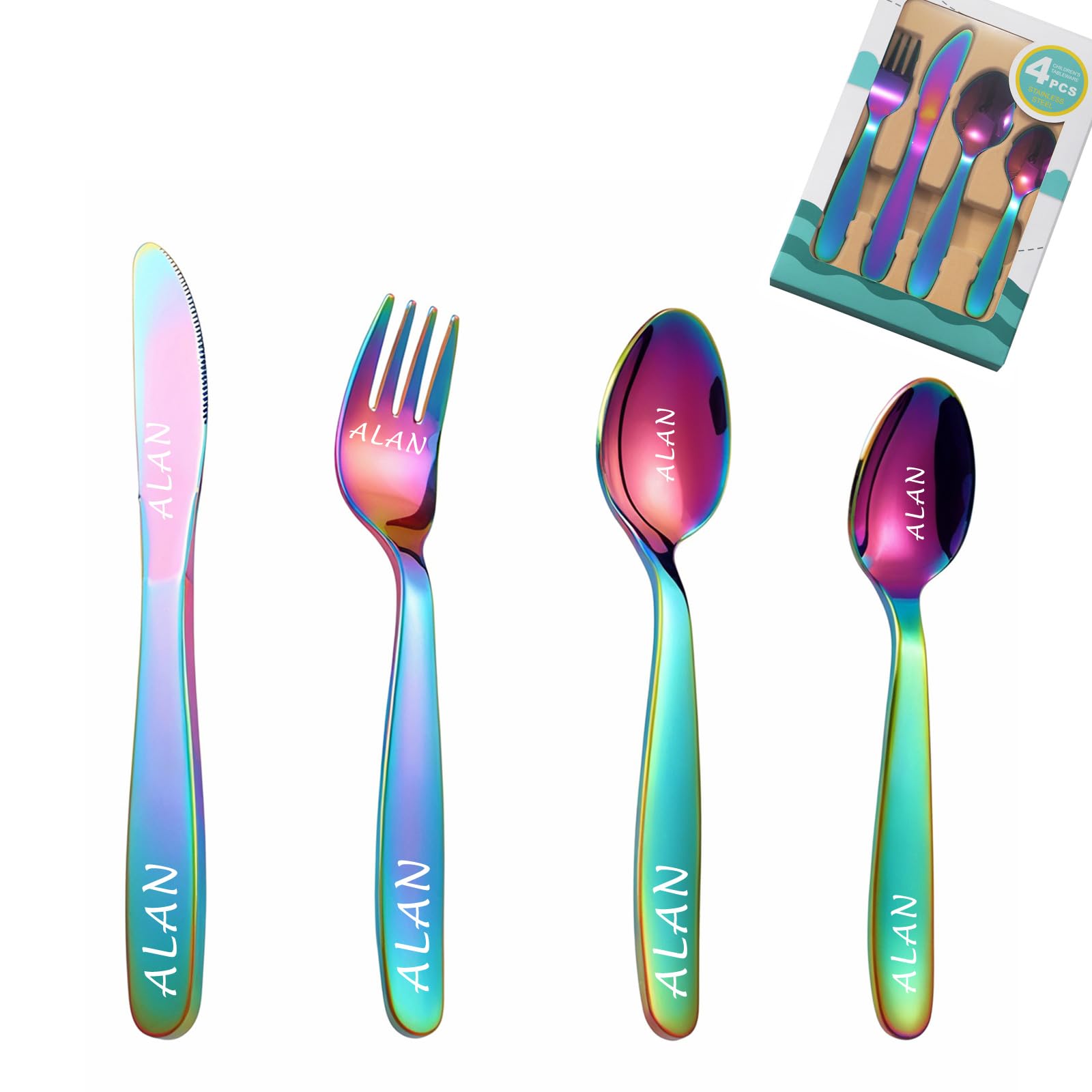 custyoulife Custom Engraved Cutlery Set, 1 Set of 4 Pieces, Stainless Steel, Modern, Rainbow, Flatware, Personalized Adult Cutlery Set, Fork, Knife, Spoon, Teaspoon (Colorful Kids' Cutlery)