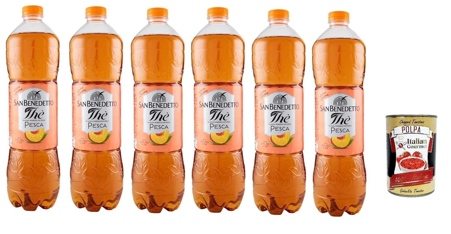 San Benedetto the pesca 6x 1,5 L, thé glacé le «Peach Pet jetable, thé glacé rafraîchissant, sans conservateurs et colorants artificiels + Italian Gourmet polpa 400g