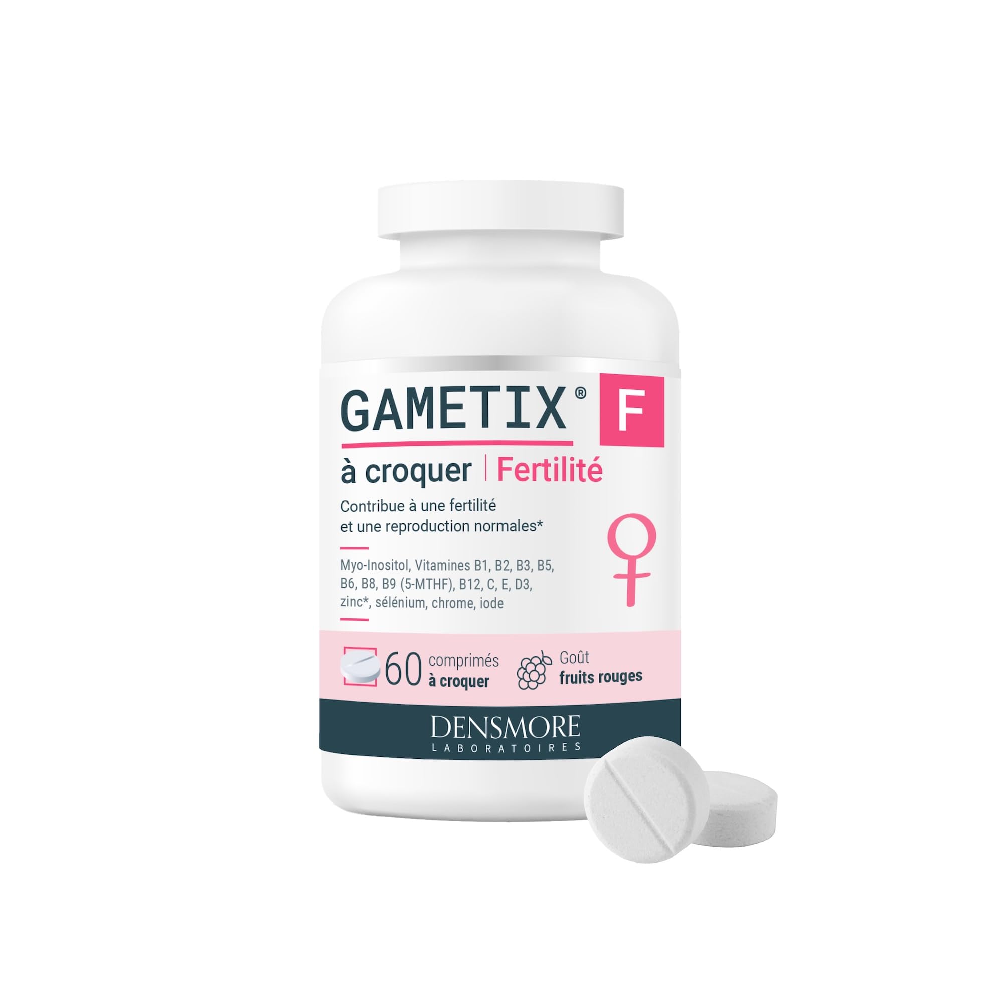Densmore - GAMETIX F à Croquer - Complément Alimentaire Fertilité Féminine à base de Myo-Inositol, Acide Folique (Vitamine B9), Zinc, Vitamines - Goût Fruits Rouges - 60 Comprimés - Fabriqué en France