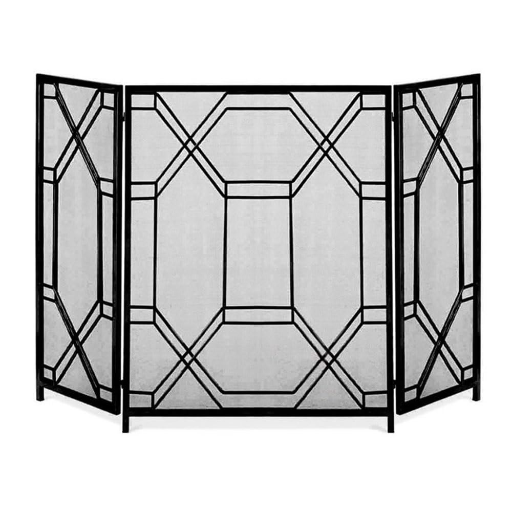 fireplace cover Three - Fold Metal Screen Fireplace Home Real Fire Heating Partition Door Fireproof Net Guardrail(Black)