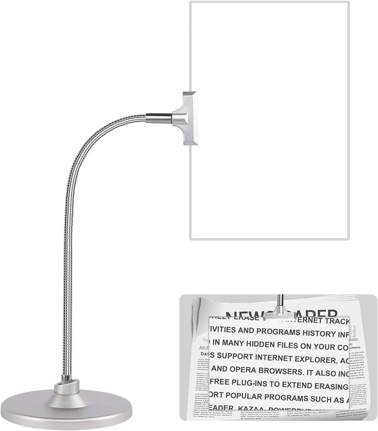 Magnifying Glass with Stand, Silver 10"x6" Flexible