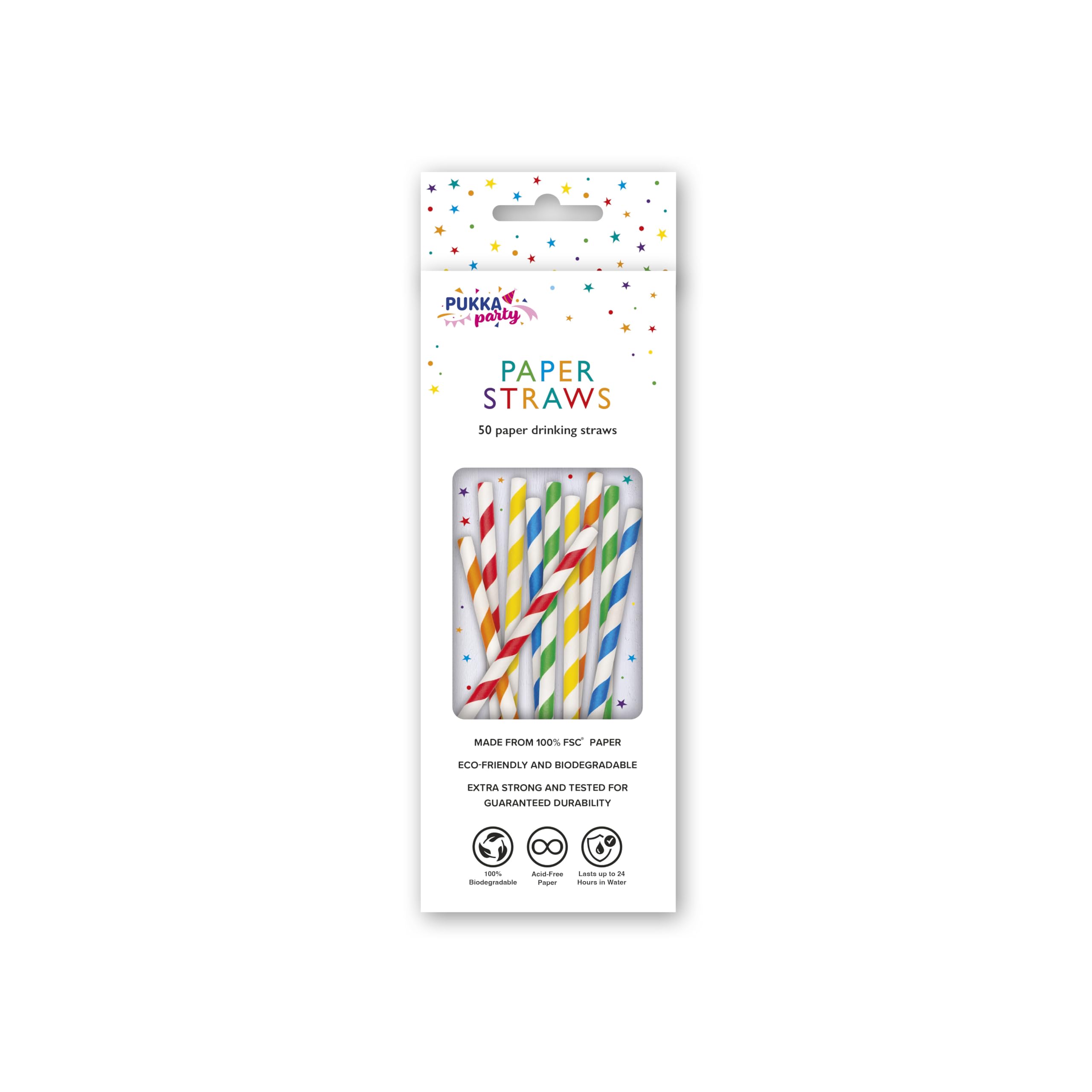 PUKKA party Stripy Paper Drinking Straws, 50 Pack in 5 Assorted Colors, Extra Strong and Durability Tested