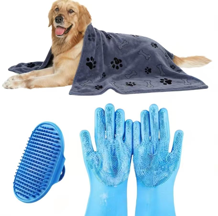 Image of 3PCS Dog Bath Supplies,Dog Bath Brush | Dog Washing Gloves | Dog Towel 40'' X 23.6'',Super Absorbent and Soft Pet Grooming Towel, Perfect Shower & Grooming Supplies for Dogs