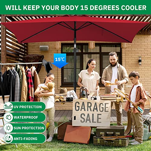 MEWAY 6.6 * 10ft Rectangular Patio Umbrella Market Outdoor Garden Table Deck Backyard Pool Sunshade Umbrella with Tilt, Crank and UV Protection(6.6 * 10 ft, Red)