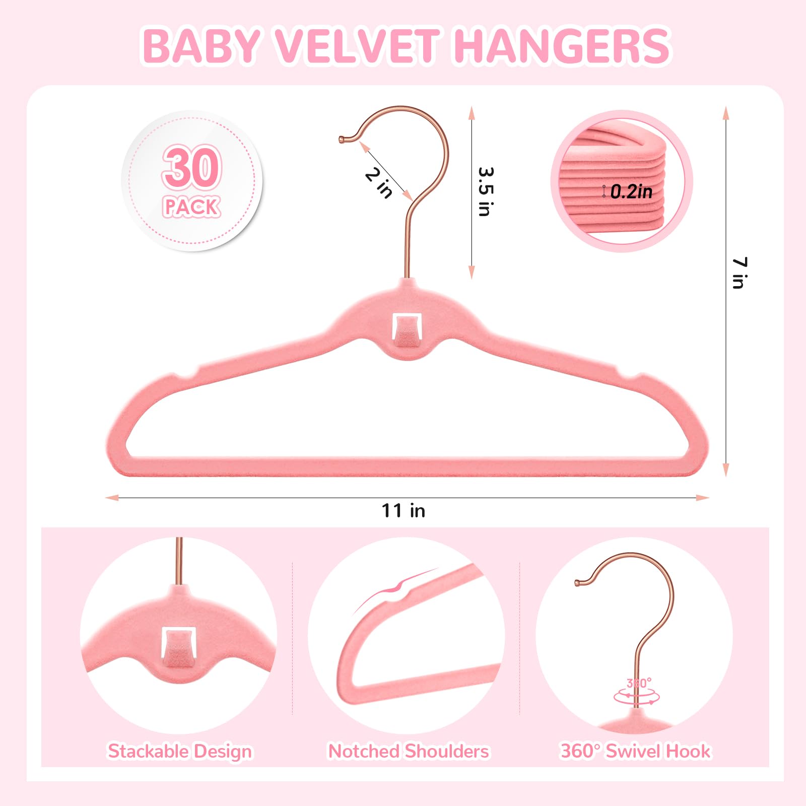 Baby-Samt-Kleiderbügel, 30 Stück, 27,9 cm, Rosa, Kinder-Kleiderbügel für Schrank, rutschfest, für Kleinkinder, für Kinderzimmer, dünn, platzsparend, stapelbar, Kinder-Kleiderbügel mit 360° drehbaren