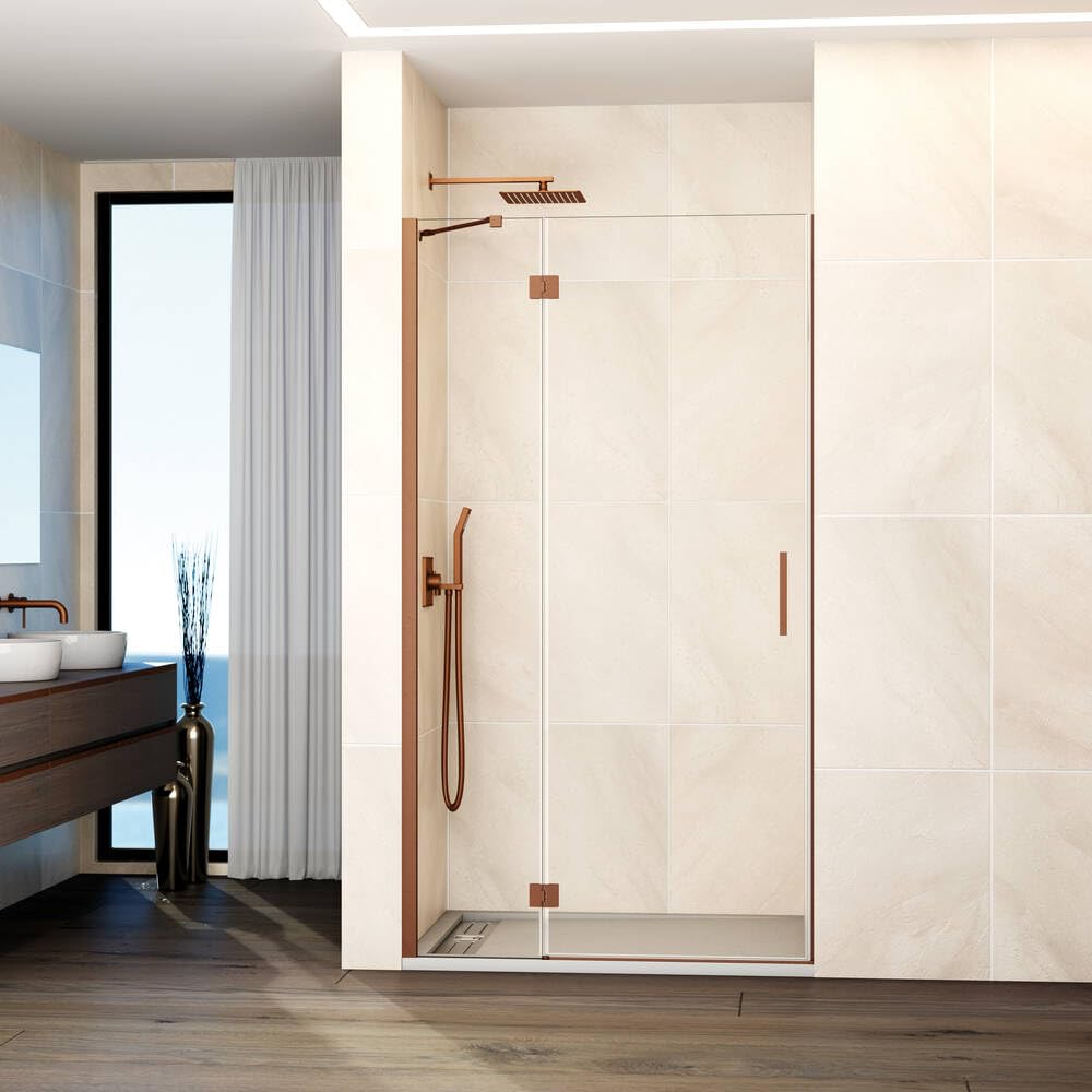 GME - Mampara Ducha Frontal 1 Puerta Fija + 1 Corredera 90cm Oro Rosa | Mampara de Cristal con Perfilería de Aluminio y 195cm de Altura | Cristal Templado 6mm Antical Y Cierre Magnético