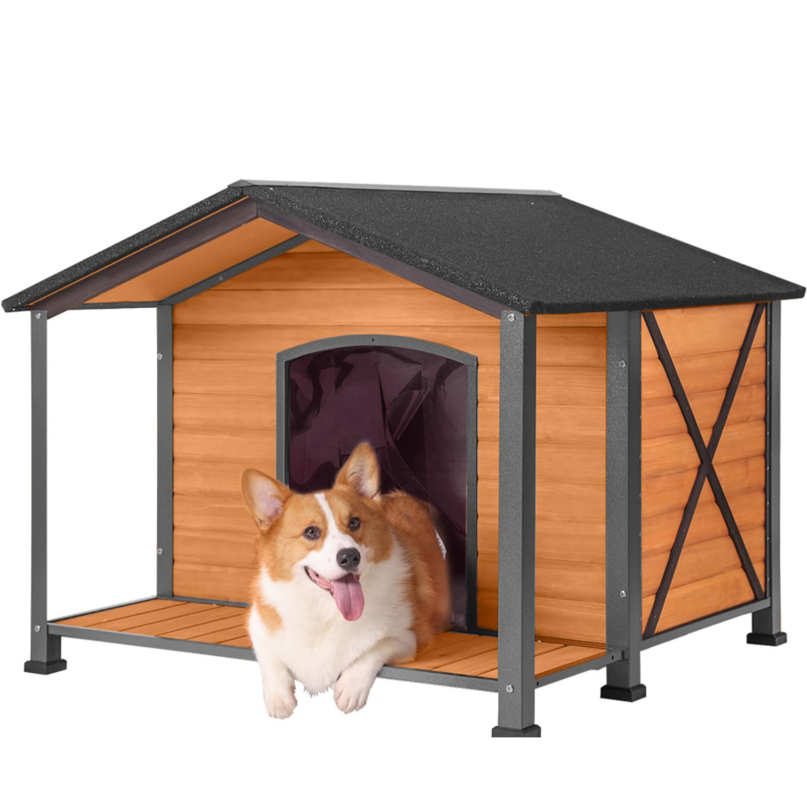 Aivituvin Dog House Outdoor with Metal Frame, Dog Kennel Outside for Large Breed, 41.5" Weatherproof Large Dog Shelter with Anti-Chewing Iron Frame,