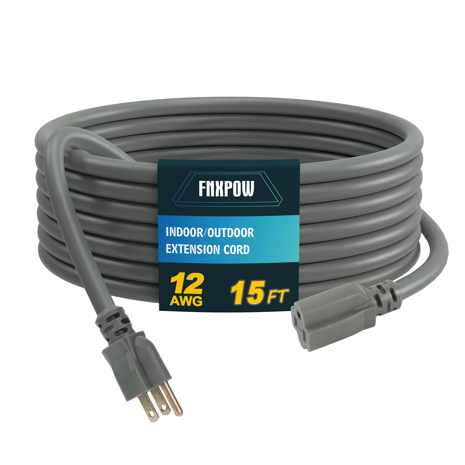 FNXPOW Indoor Outdoor Extension Cord, 12 Gauge 3 Prong Weatherproof Heavy Duty Gray Extension Cords, 12/3 SJTW 15A 15 FT Extension Cable for Garage,