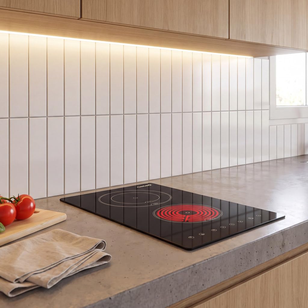 Cata Placa Vitrocerámica TD 3002 BK, 2 Zonas High Light, 9 Niveles de Potencia, Ancho de 30 cm, Potencia 3 Kw, Bloqueo Seguridad, Desconexión Automática, Control táctil con Avisador, Negro