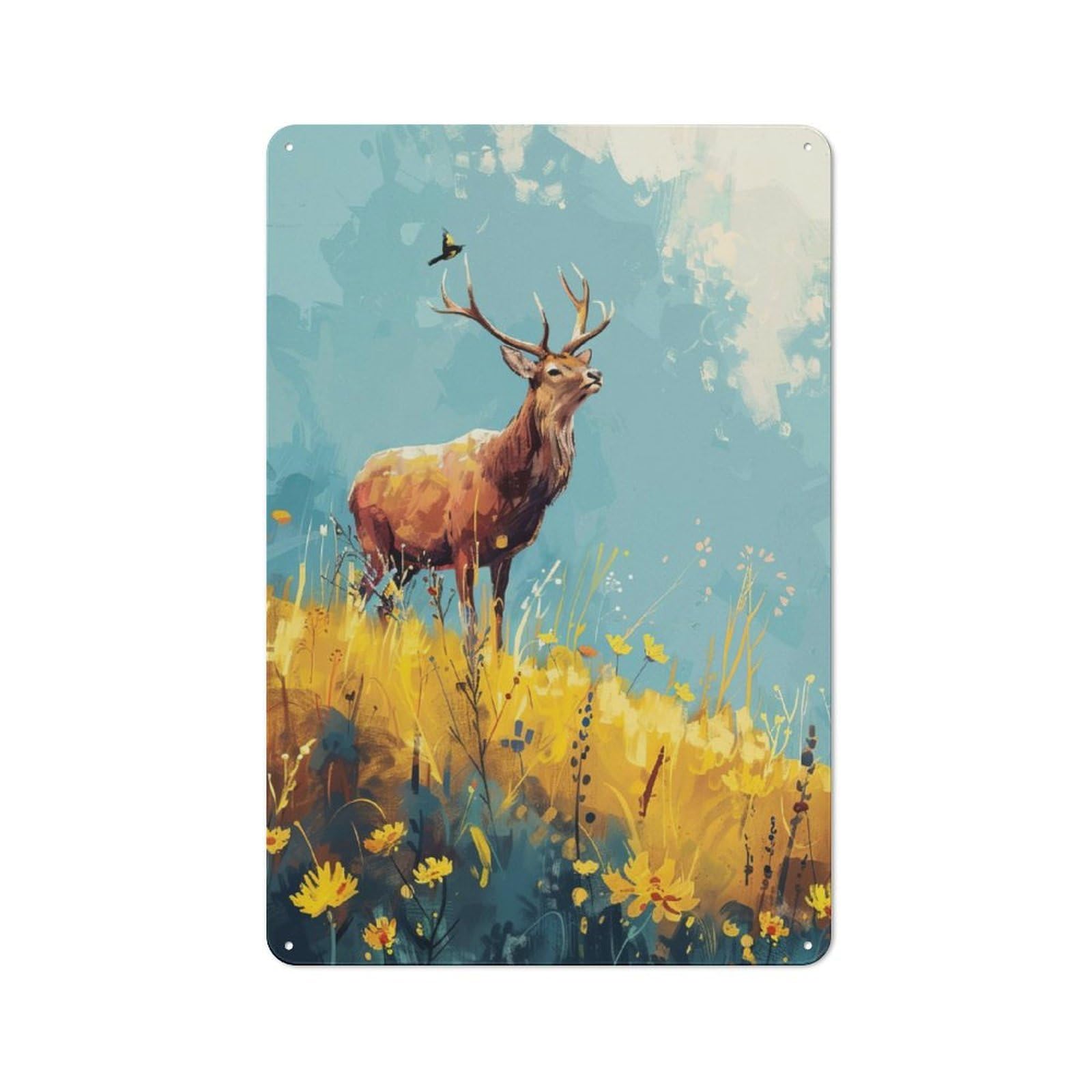 Junmoney Deer In Blooming Meadow Tin Wall Plaque 30X20cm With For Garage Or Workshop, For Kitchen, Dining Room And Home Bar Wall Decor