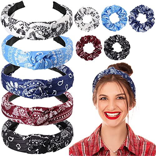 10 Pieces Paisley Headband with Twisted Knot Design Boho Hair Band Knot Bandanas Headwear Retro Flower Printed Elastic Wide Hairband Scrunchies Accessories for Women and Girls