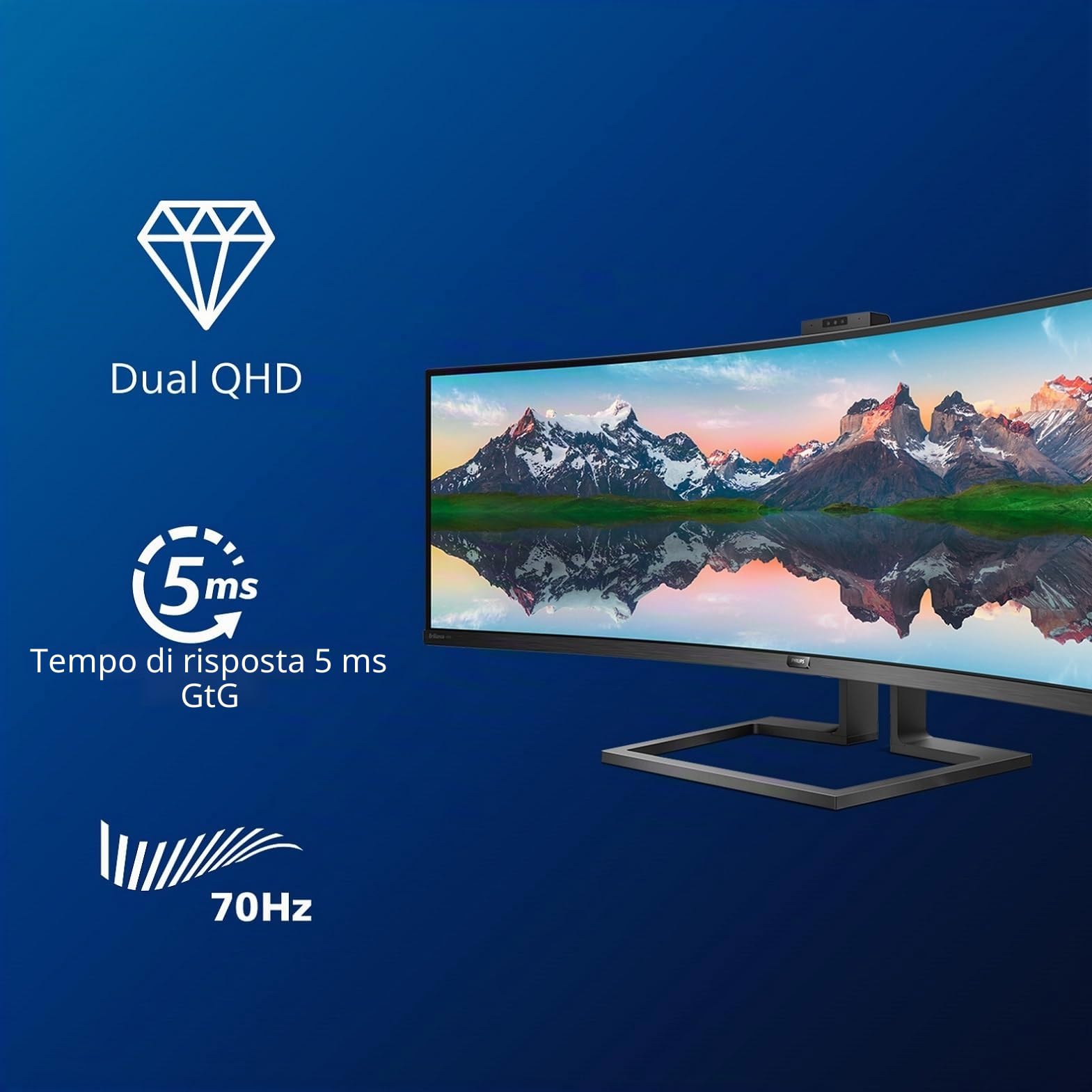Philips Monitor Curvo 49", 499P9H, Gaming Superwide 32:9, risoluzione 5120 * 1440, Adaptive Sync, HDR 400, Multiview con KVM Switch integrato, Docking station USB-C, Microfono, Low Blue, Vesa, Nero