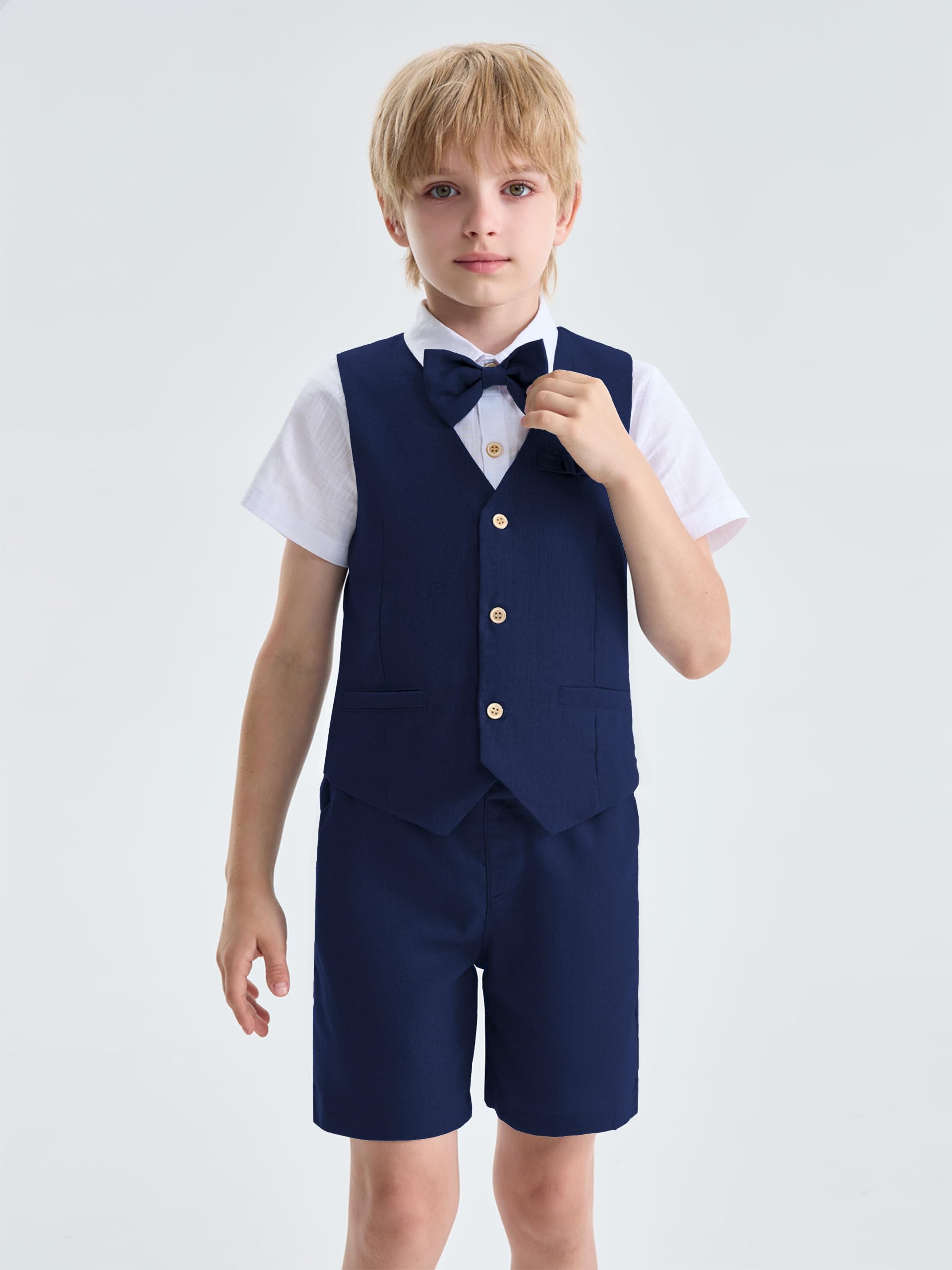 LOLANTA 4PZ Completo Cerimonia Bambino, Ragazzi Paggetto Matrimoni Abito, Bambini Gentiluomo Estate Lino Gilet Pantaloncini Suit Set, Battesimo Partywear, Gilet + Pantaloncini + Camicia + Papillon