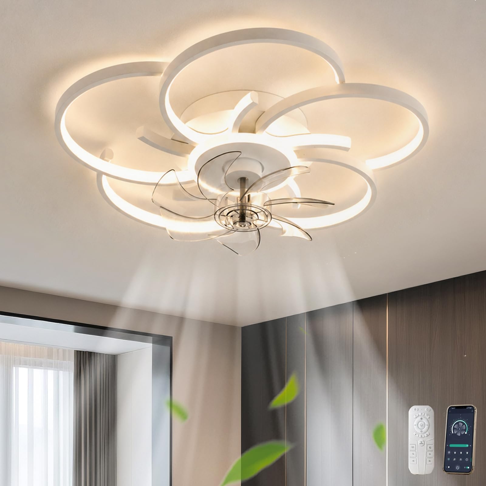 Ventilatore da Soffitto con Luce in Stile Moderno Lampadario Ventilatore con Telecomando Dimmerabile Plafoniera Ventilatore 6 Velocità Reversibile per Soggiorno, Bianco