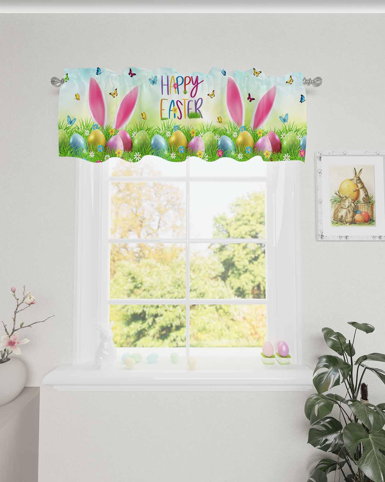 HELLOWINK Easter Valances for Kitchen Windows Spring Funny Rabbit Valance Curtains for Living Room, Easter Eggs Rod Pocket Window Valance Red Window Treatment for Bathroom Bedroom 54x18inch, Washable