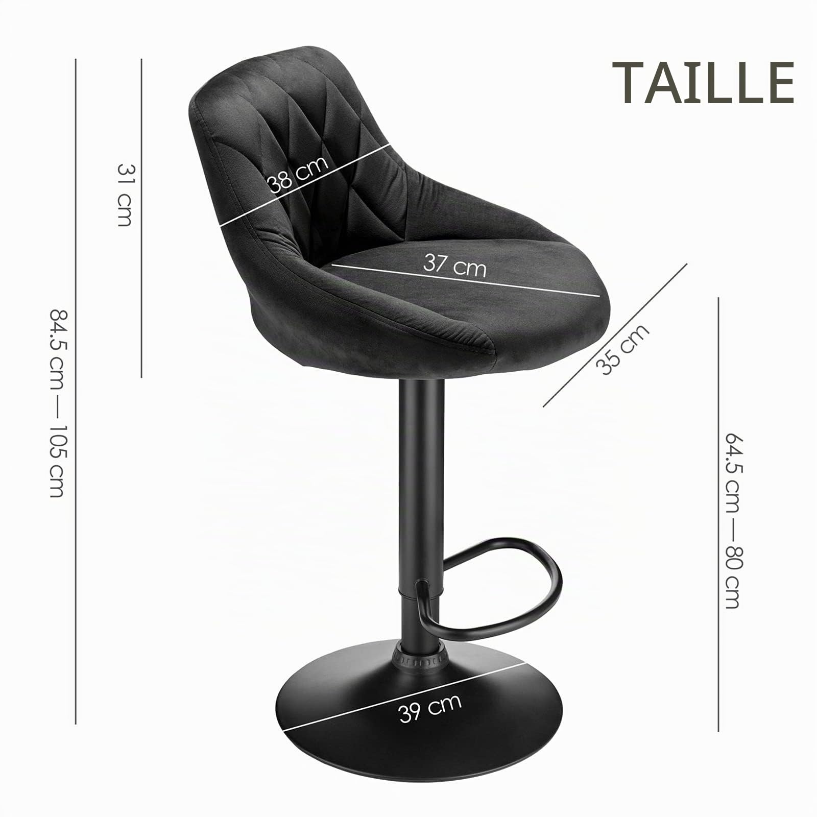 Tabouret de Bar, Chaise de Cuisine ,Lot de 2 en Velours,Tabouret de Loisir,relevable et rotatives réglables en hauteur,pour les établis, bars, restaurants,Chaise de Bar avec Repose-Pieds,Hauteur total