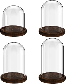 Suclain 4PCS Glass Cloche Display Domes with Coffee Brown Wood Base - Mixed Sizes for Tabletop Decor, Weddings & Home Office