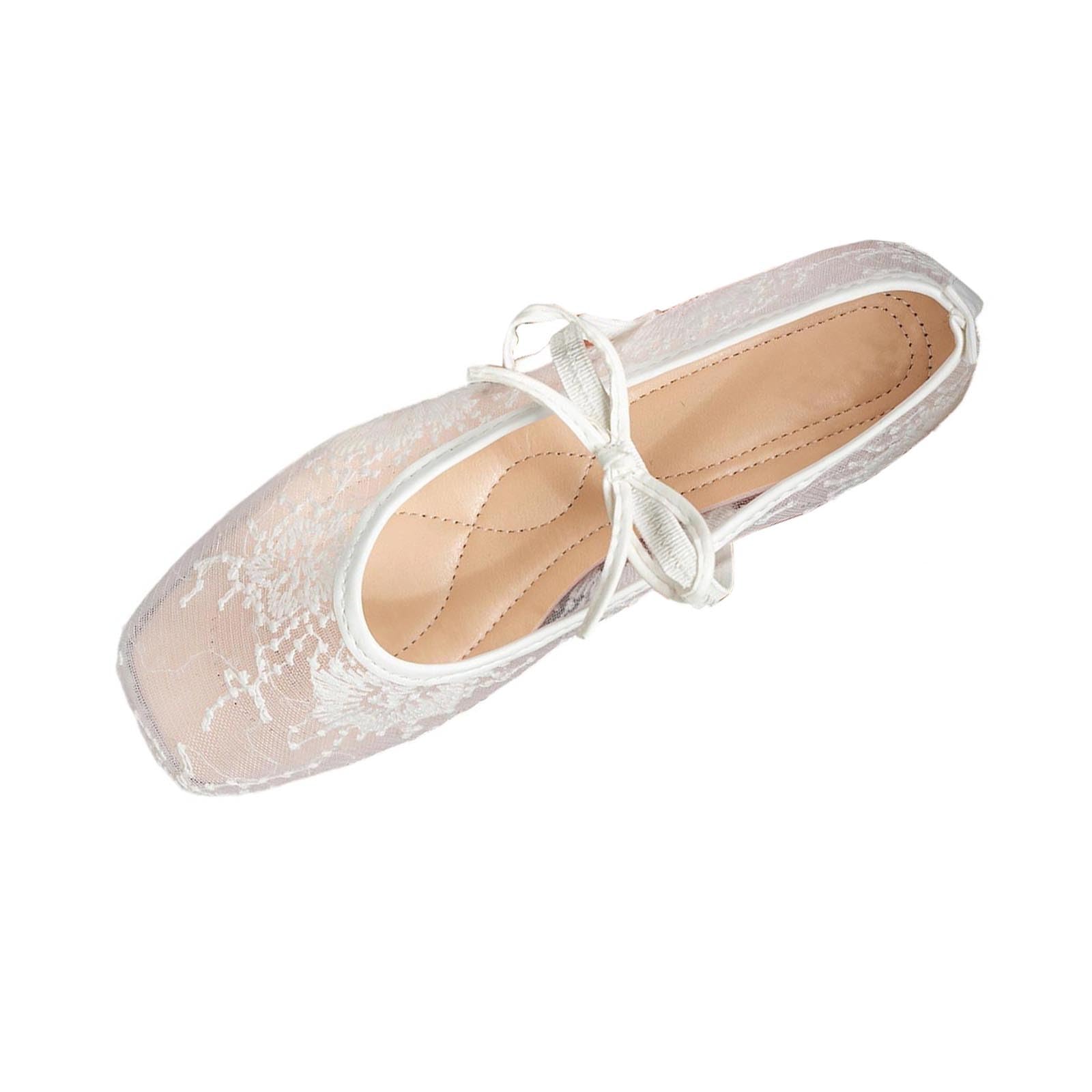 Women Sheer Lace Flats Bow Knot Strap Square Toe Mesh Ballerina Shoes Memory Foam Soft Comfy Vintage Embroidery Flats