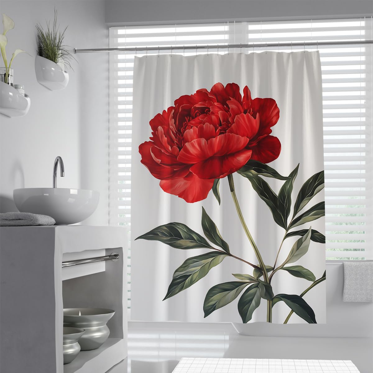 UIRINGART Bold Red Shower Curtain W200xL220cm Large Peony Flower Print Water Repellent Polyester Mildew Resistant Quick Dry Bathroom Decor with Hooks