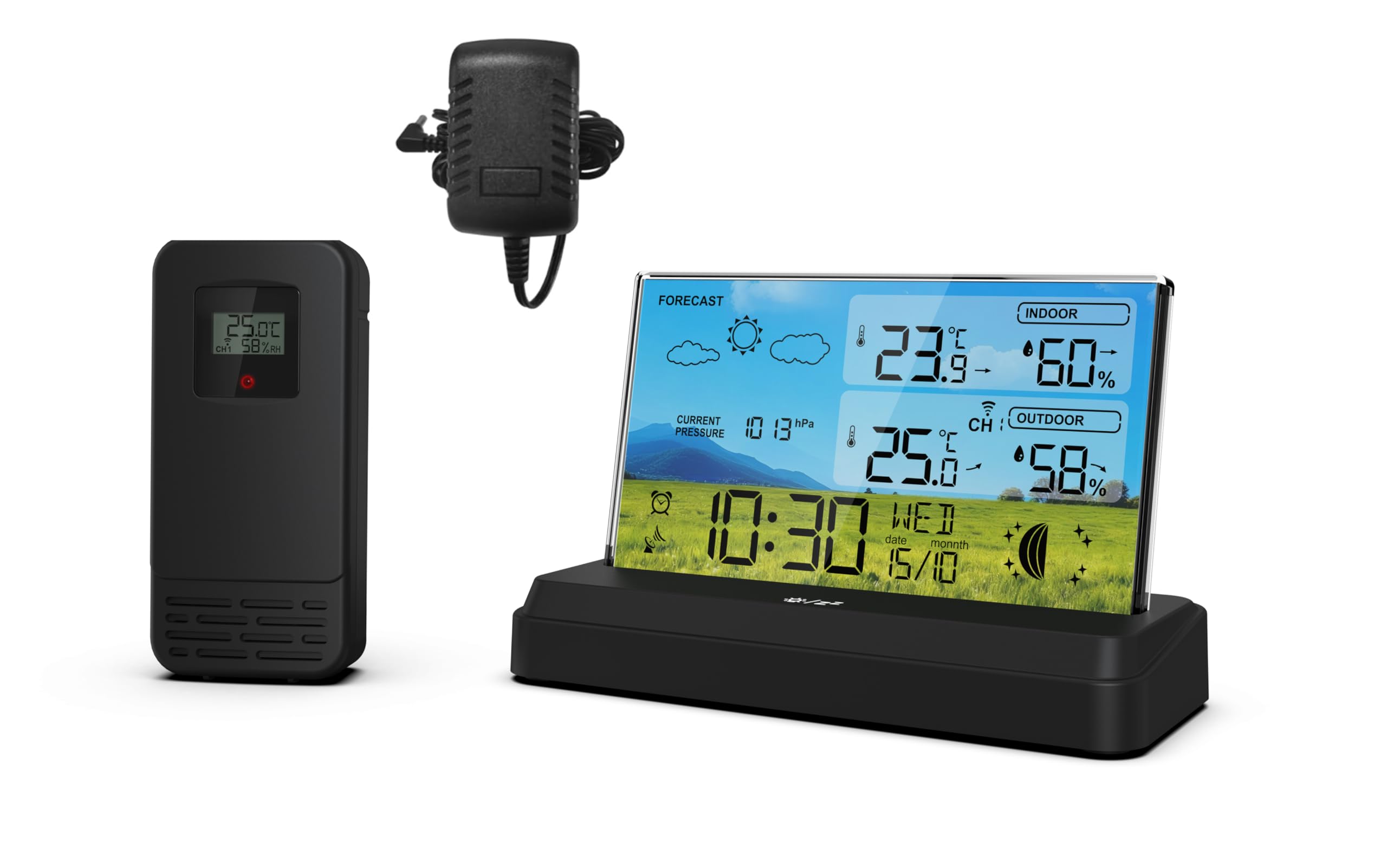 SOUCCESS FUNK-WETTERSTATION "DELUXE NEO" - FARBIGE WETTERSTATION MIT FUNKUHR, WETTERDATEN, AUSSENSENSOR, MONDPHASE, TEMPERATUR, LUFTDRUCK, NETZTEIL