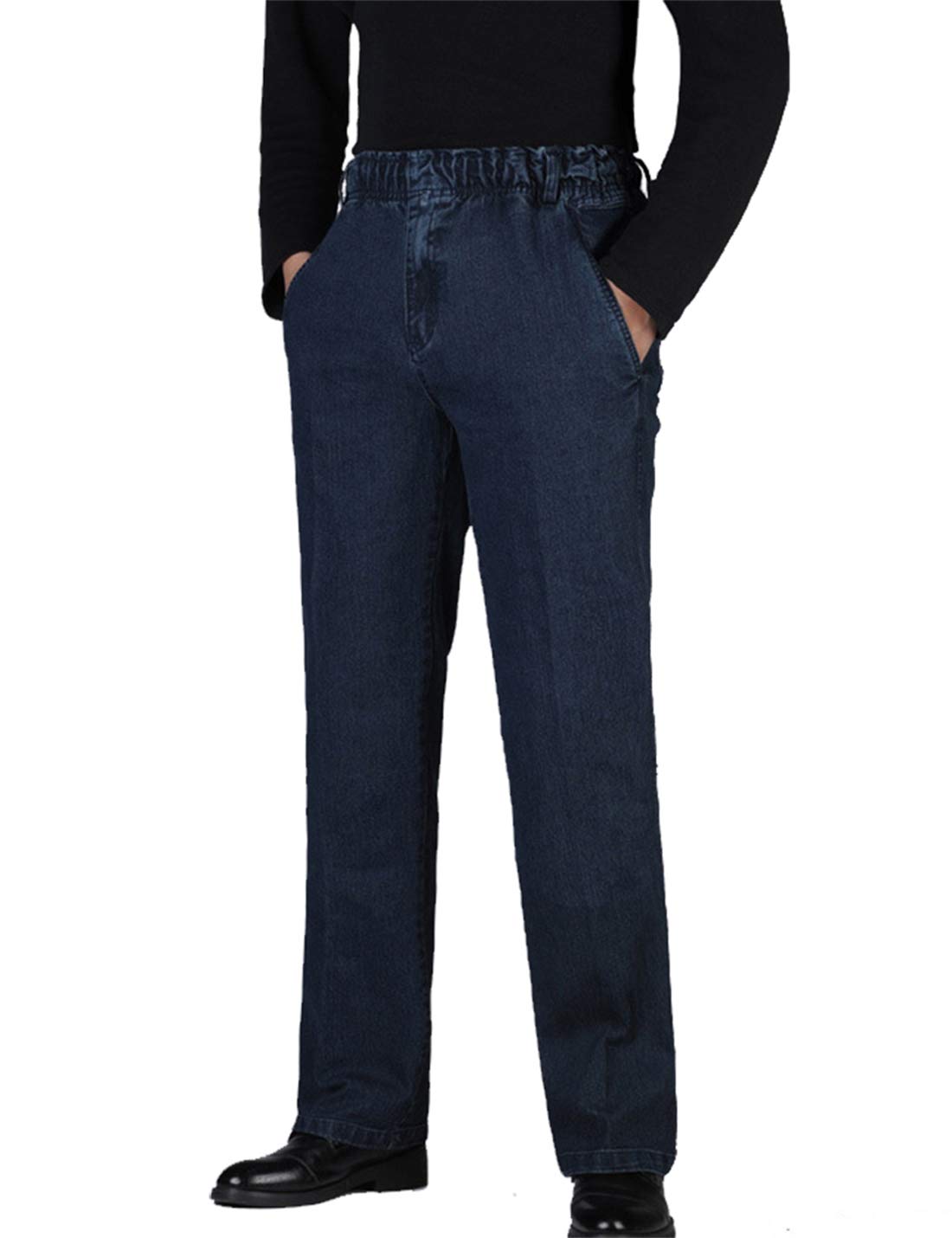 Locachy Men’s Elastic Waist Denim Pants Casual Loose Straight Jeans - Blue - 36